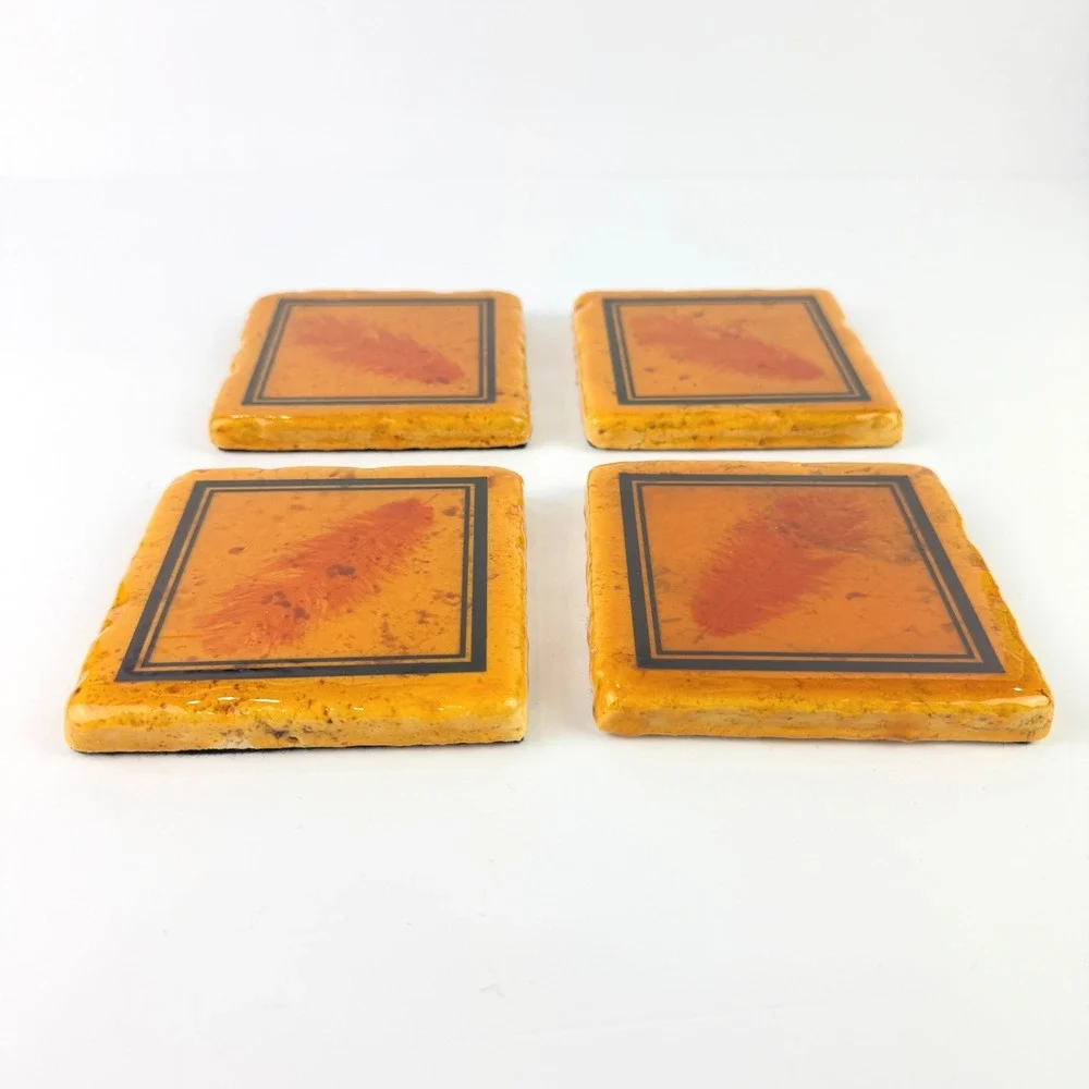 ARTISTIC Coasters Set of 4 Orange Feather Ceramic Stone Heavyweight UNIQUE
